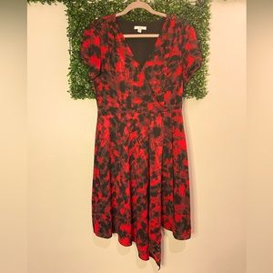 Halston watercolored abstract red and black midi dress size S